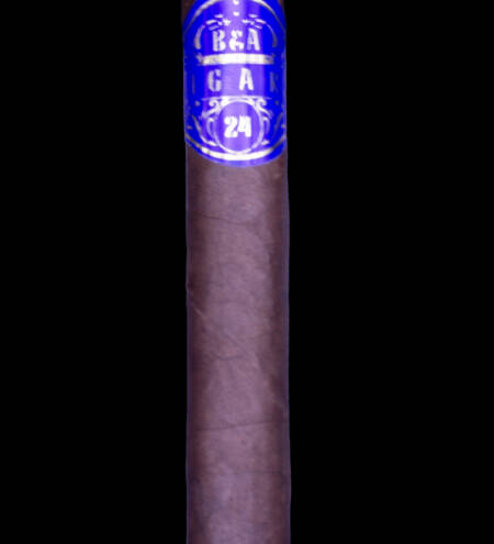 Close-up of B&A Bougie Liga Ligero cigar showcasing oily wrapper and band