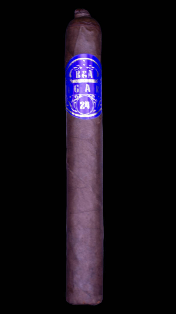 Close-up of B&A Bougie Liga Ligero cigar showcasing oily wrapper and band